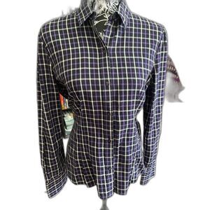 Chaps Women's Purple/Black/White Plaid Cotton Button Front Top Size Large